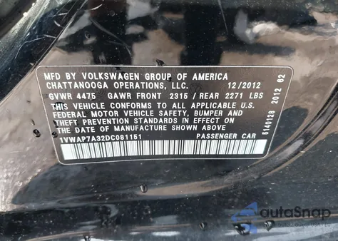2013 Volkswagen Passat 2.5L S from USA, damaged, VIN 1VWAP7A32DC081151